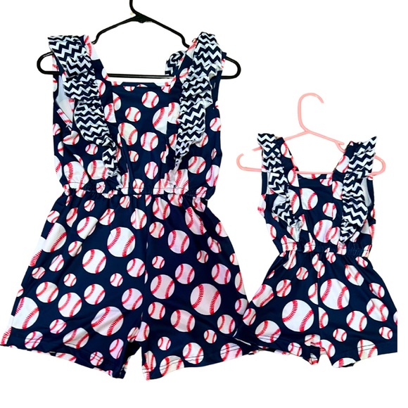 Pete + Lucy Other - Short Rompers | Mommy & Me Matching Set | Baseballs on dark blue background